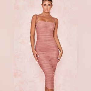 House of CB Ruched Pink Midi Dress